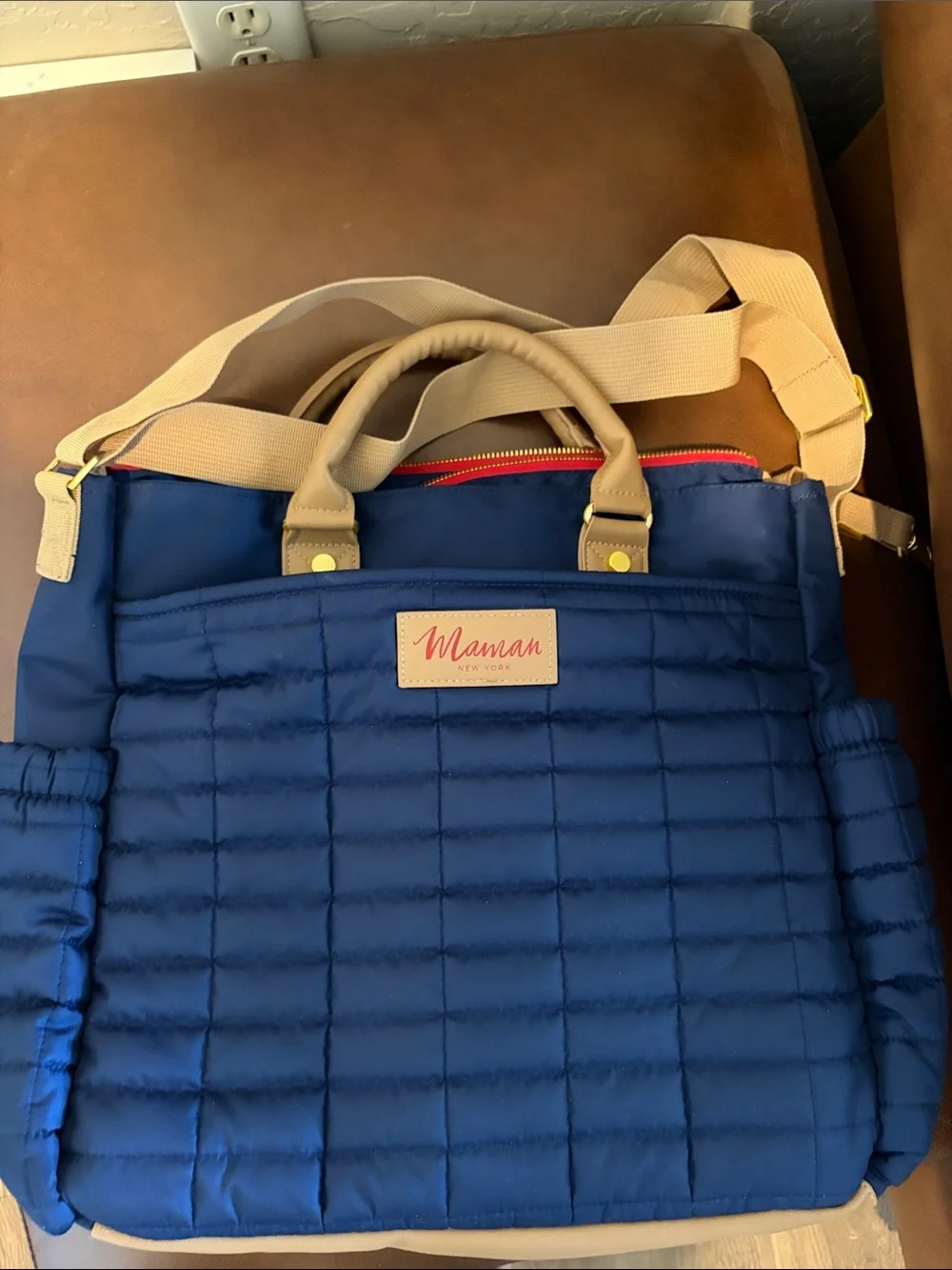 JoJo Maman Bebe Navy Quilted Tote with Beige Straps and Red Zip Accent